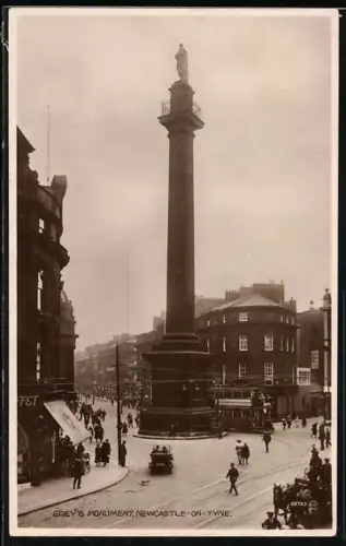 AK Newcastle-on-Tyne, Grey`s Monument, Strassenbahn