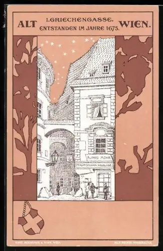AK Alt-Wien, Griechengasse, entstanden im Jahre 1675, Jugendstil-Passepartout