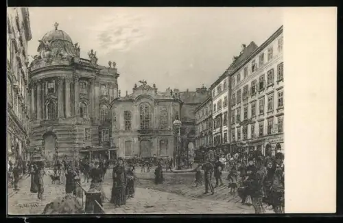 AK Alt-Wien, Das alte Burgtheater mit Passanten