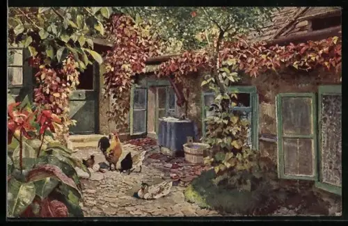 Künstler-AK Alt-Wien, Hof in Erdberg mit Hühnern und Enten