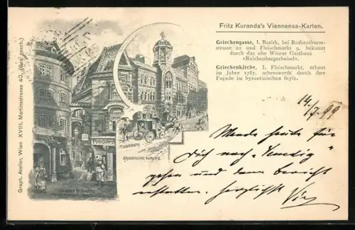 Lithographie Alt-Wien, Griechische Kirche, Griechen-Gasse Ecke Rheinberger Strasse