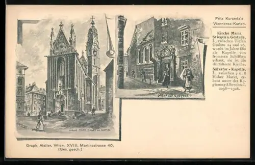 Lithographie Alt-Wien, Kirche Marie-Stiegen am Gestade, Salvator-Kapelle
