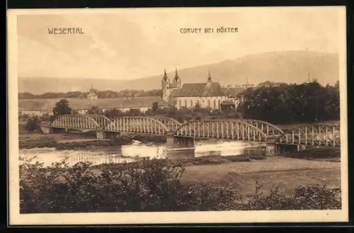 AK Corvey bei Höxter, Wesertal mit Brücke