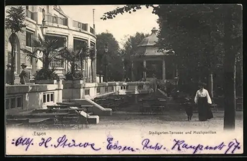 AK Essen, Stadtgarten-Terrasse und Musikpavillon