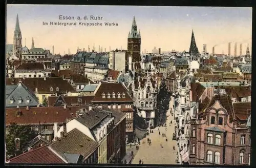 AK Essen a. d. Ruhr, Stadtansicht, im Hintergrund Kruppsche Werke