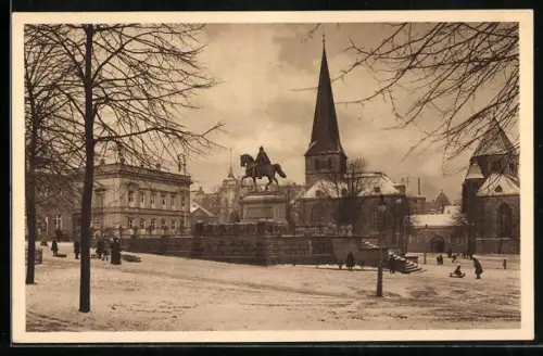 AK Essen, Burgplatz, Reiterstandbild, Kirche
