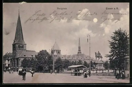 AK Essen a. R., Burgplatz, Kirche, Reiterstandbild