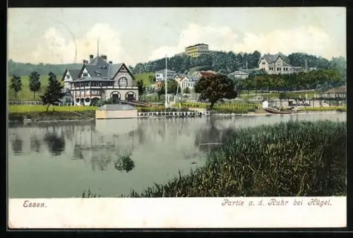 AK Essen, Partie an der Ruhr bei Hügel