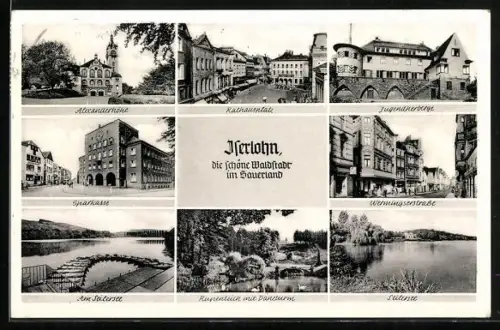 AK Iserlohn, Alexanderhöhe, Rathausplatz, Jugendherberge, Sparkasse, Wermingserstrasse, Seilersee