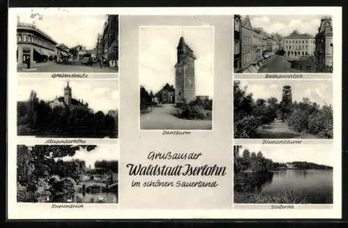 AK Iserlohn /Sauerlohn, Danzturm, Rathausplatz, Bismarckturm