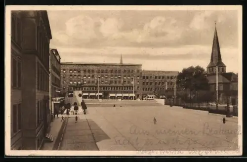 AK Essen, Burgplatz, Kirche, Geschäftshäuser