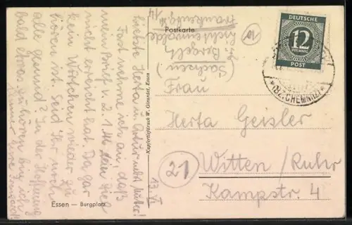 AK Essen, Burgplatz, Kirche, Geschäftshäuser