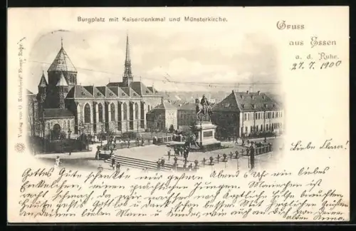 AK Essen a. d. Ruhr, Burgplatz mit Kaiserdenkmal und Münsterkirche