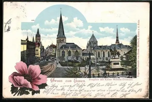 AK Essen, Burgplatz, Kaiser Wilhelm-Denkmal, Kirche
