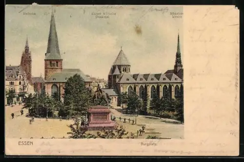 AK Essen, Burgplatz, Rathaus, Kaiser Wilhelm-Denkmal, Münsterkirche