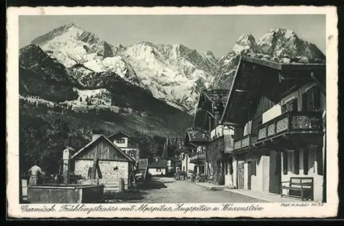 AK Garmisch, Frühlingstrasse mit Alpspitze, Zugspitze, Waxenstein