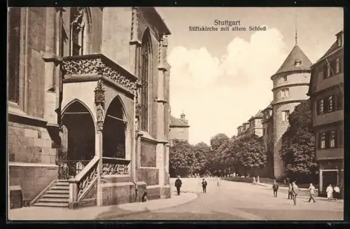 AK Stuttgart, Stiftskirche mit altem Schloss