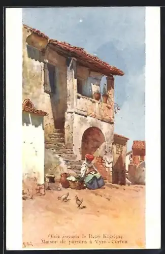 Künstler-AK Maison de paysans à Vyro-Corfou, griechische Tracht