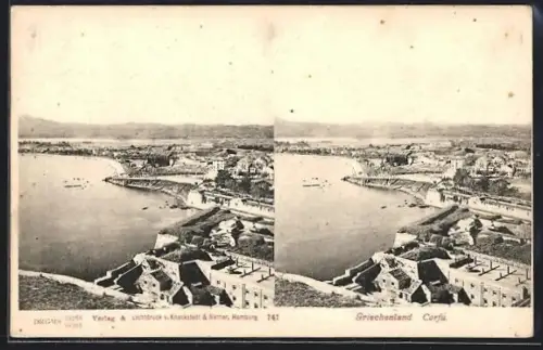 AK Corfu, Ortsansicht mit Küste, Stereo-Fotografie