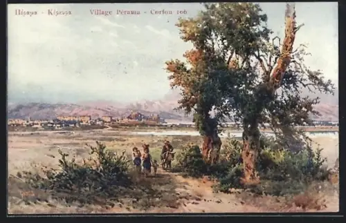 Künstler-AK Corfou, Perama, Panorama mit Leuten