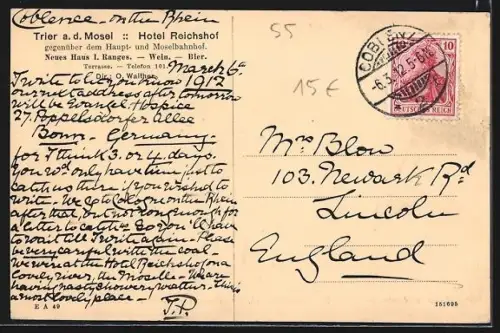 AK Trier, Strassenbahn am Hotel Reichshof gegenüber dem Haupt- und Moselbahnhof