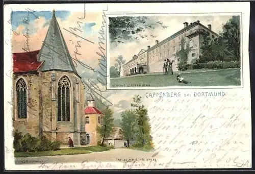 Lithographie Cappenberg, Schloss und Schlosshof