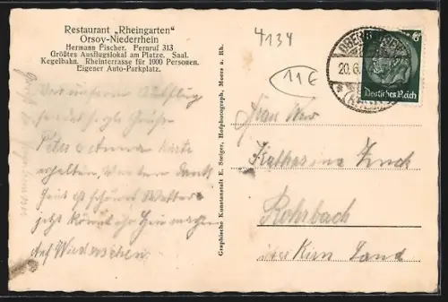 AK Orsoy-Niederrhein, Restaurant Rheingarten Hermann Fischer