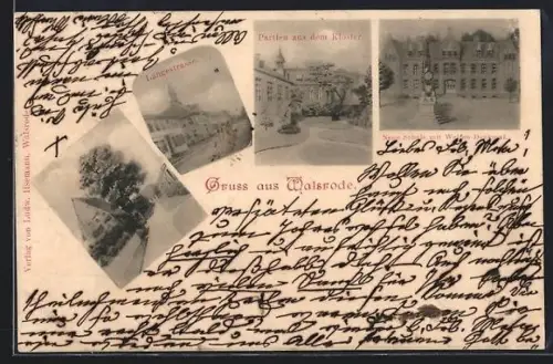 AK Walsrode, Neue Schule mit Welfen-Denkmal, Partien aus dem Kloster, Langestrasse