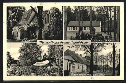 AK Meinerdingen-Honerdingen, Kirche, Schule m. Ehrenmal, Lons Grab