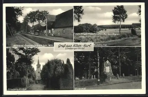 AK Klein-Harl /Lüneburger Heide, Bäckerei-Gastwirtschaft Joh. Witt., Friedens-Kirche, Ehrenmal