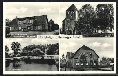 AK Kirchboitzen /Lüneburger Heide, Gasthaus Fa. Asshorn, Kirche, Schwimmbad