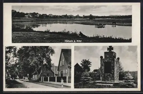 AK Hülsen a. Aller, Uferpartie, Denkmal, Strassenpartie
