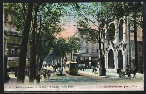 AK Nice, Avenue de la Gare et Eglise Notre-Dame mit Strassenbahn