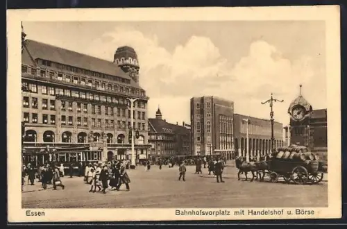 AK Essen, Bahnhofsvorplatz mit Handelshof und Börse, Strassenbahn