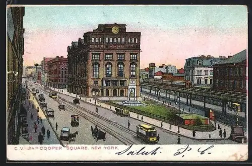 AK New York, NY, Cooper Square with tramways, Strassenbahn