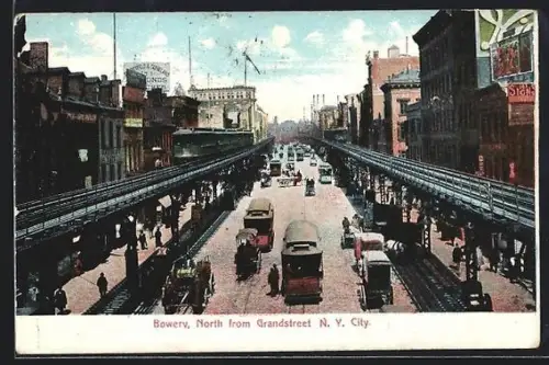 AK New York City, NY, Bowery, North from Grandstreet, Strassenbahn