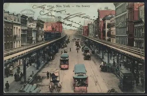 AK New York, NY, The Bowery, Strassenbahn