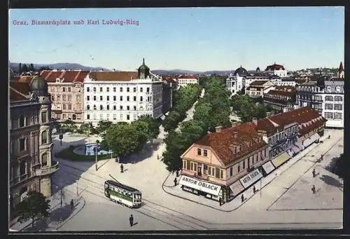AK Graz, Bismarckplatz und Strasse Karl Ludwig-Ring mit Geschäften und Strassenbahn