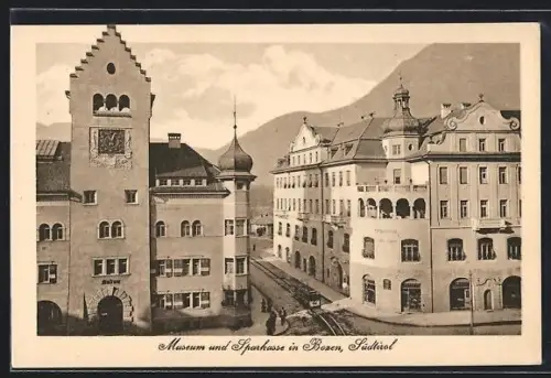 AK Bozen, Museum, Sparkasse und Strassenbahn