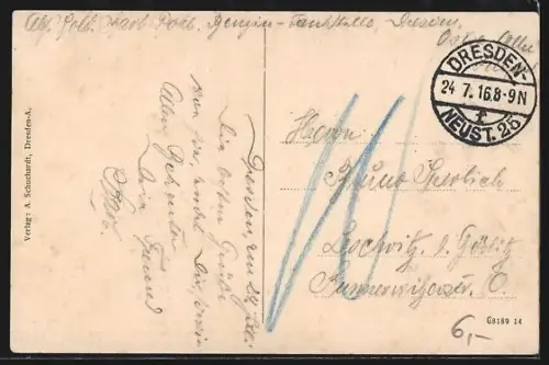 AK Dresden, Neustädter Rathaus und Denkmal August des Starken, Strassenbahn