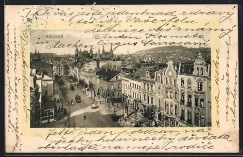 AK Aachen, Strassenpartie mit Fernblick auf den Aachener Dom, Strassenbahn