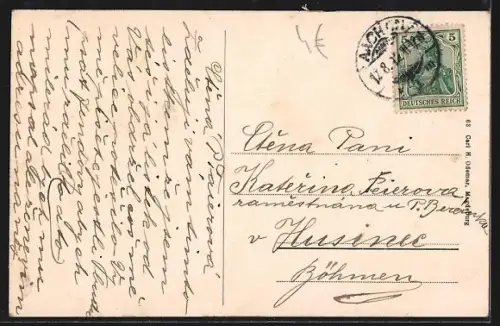 AK Aachen, Strassenpartie mit Fernblick auf den Aachener Dom, Strassenbahn