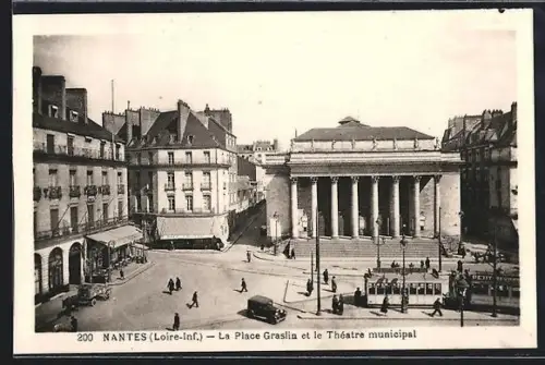 AK Nantes /Loire-Inf., La Place Graslin et le Théatre municipal, Strassenbahn