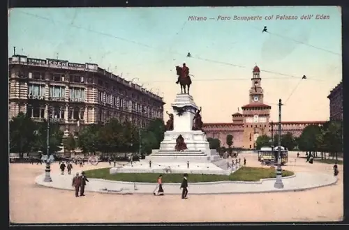 AK Milano, Foro Bonaparte col Palazzo dell` Eden, Strassenbahn