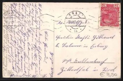 AK Graz, Blick auf den Hauptplatz mit Denkmal und Uhrturm im Hintergrund, Strassenbahn