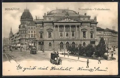 AK Budapest, Blick auf das Volkstheater, Strassenbahn