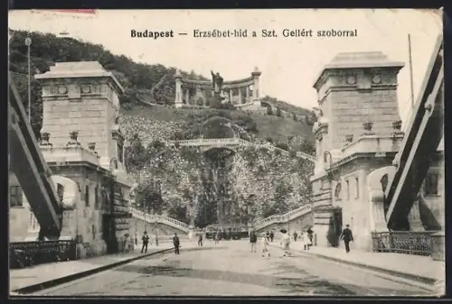 AK Budapest, Erzsébet-hid a Szt. Gellért szoborral, Strassenbahn