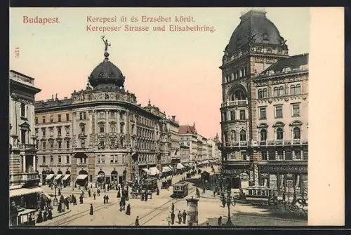 AK Budapest, Kerepeser Strasse und Elisabethring, Strassenbahnen, Pferdekutsche, Litfasssäule
