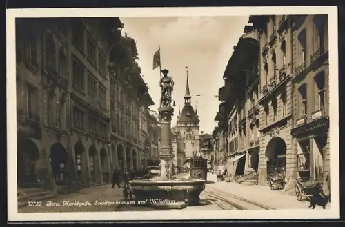 AK Bern, Marktgasse, Schützenbrunnen und Käfigturm, Strassenbahn der Linie 4