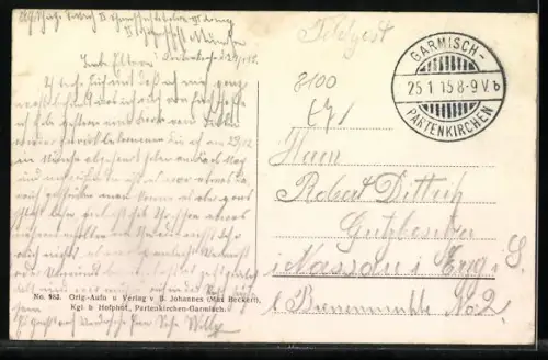 AK Partenkirchen, Winterliche Ortspartie mit verschneiten Häusern und Bäumen